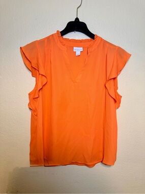 Liz Claiborne Orange Ruffle Sleeve V-Neck Blouse Size L